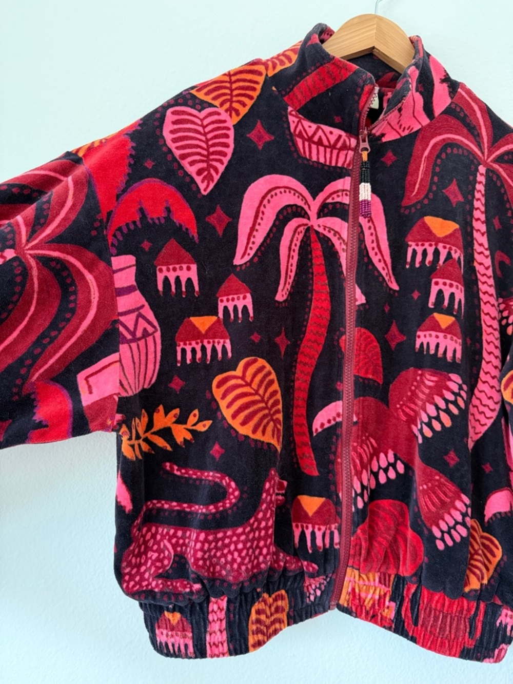 Farm Rio Black Tropical Magic Plush Velvet Bomber Jacket women's size Small - Picture 3 of 16